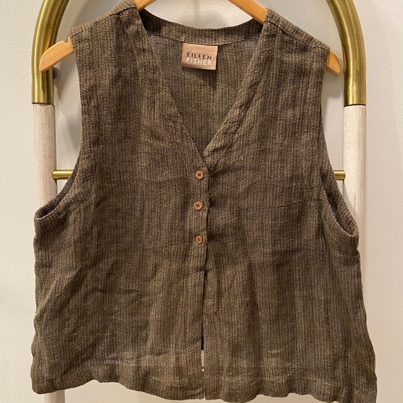 Eileen Fisher Multico Linen Blend Sleeveless 3 Button Vest Shirt Top Blouse Sz M - Picture 1 of 6